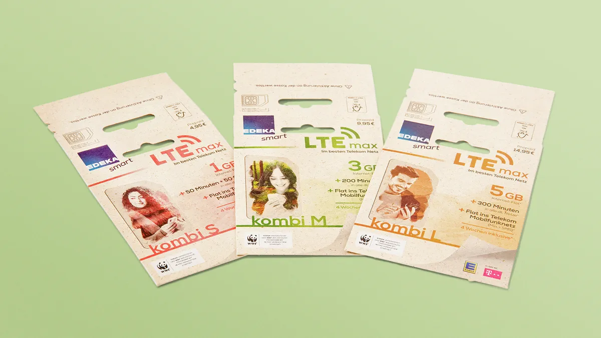 Gestanzte Verkaufsverpackung für SIM-Karten mit praktischer Aufhängung für Kassenbereiche im Handel